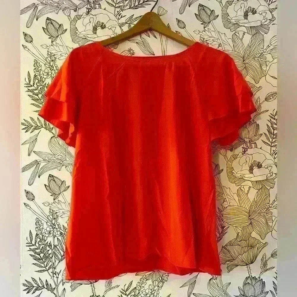 Red/Orange Crew Neck Blouse with Ruffle Sleeves, Size XL